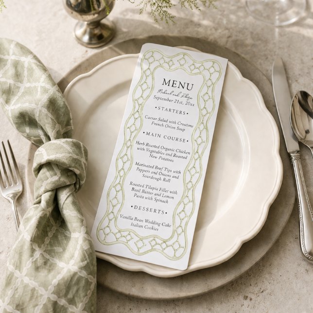 Menú de cena de boda con enrejado francés en verde (Sage Green French Trellis Wedding Dinner Menu)