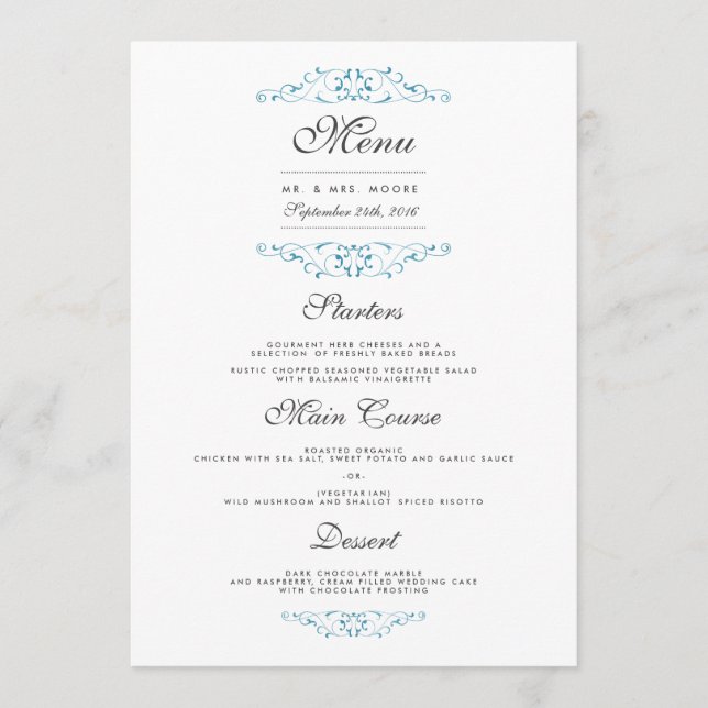 Menú de cena de boda con floritura azul elegante (Anverso)