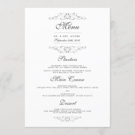 Menú de cena de boda con floritura de plata antigu