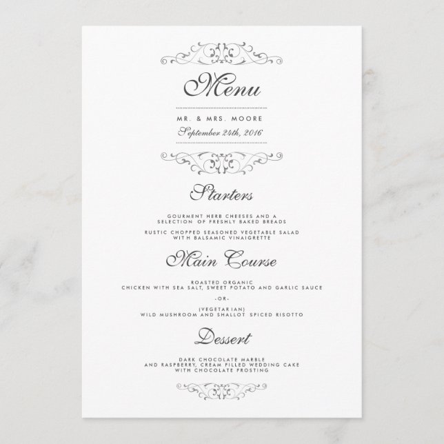 Menú de cena de boda con floritura de plata antigu (Anverso)