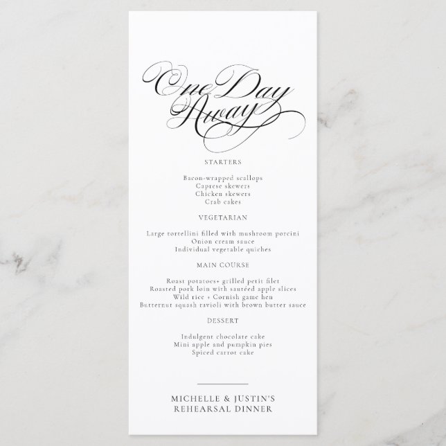 Menú de cena de Boda con guión elegante (Anverso)
