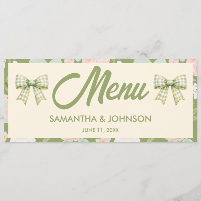 Menú de cena de boda con lazo de gingham verde de  (Anverso)