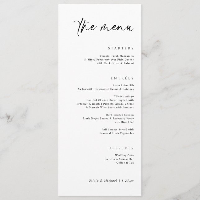 Menú de cena de boda con letra elegante moderna (Anverso)