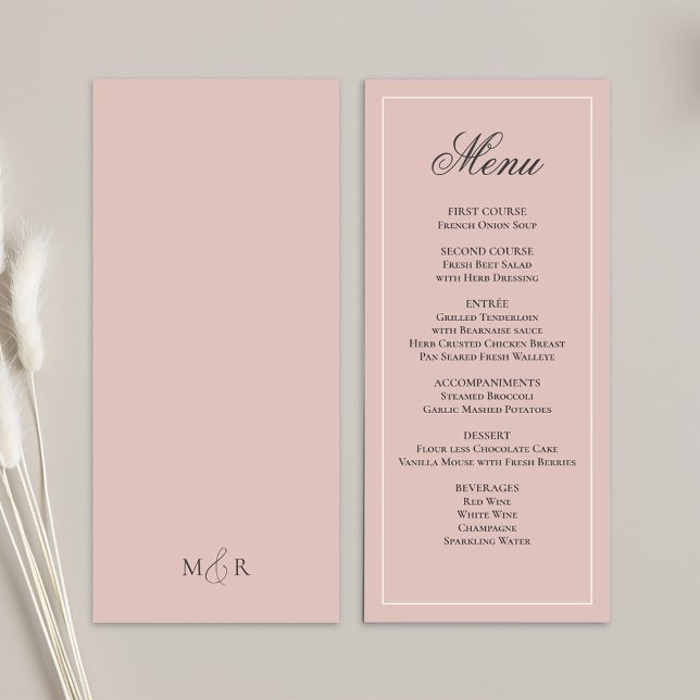Menú de Cena de Boda con Letra Script Rosa Rubor (Blush pink wedding menu card template. )