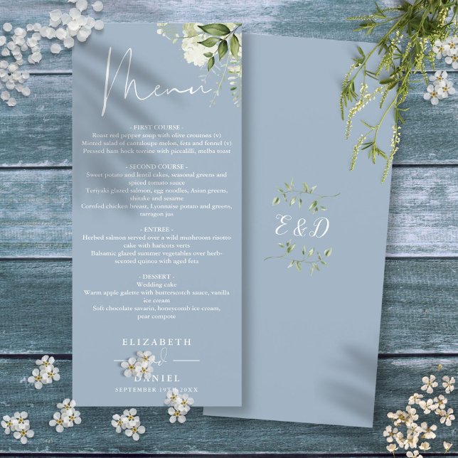 Menú de cena de boda con monograma de verde floral (Dusty Blue Floral Greenery Monogram Wedding Dinner Menu)