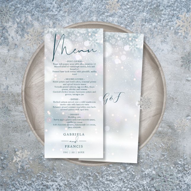 Menú de cena de boda con nieve de invierno mágico (Winter Wonderland Snow Wedding Dinner Menu)