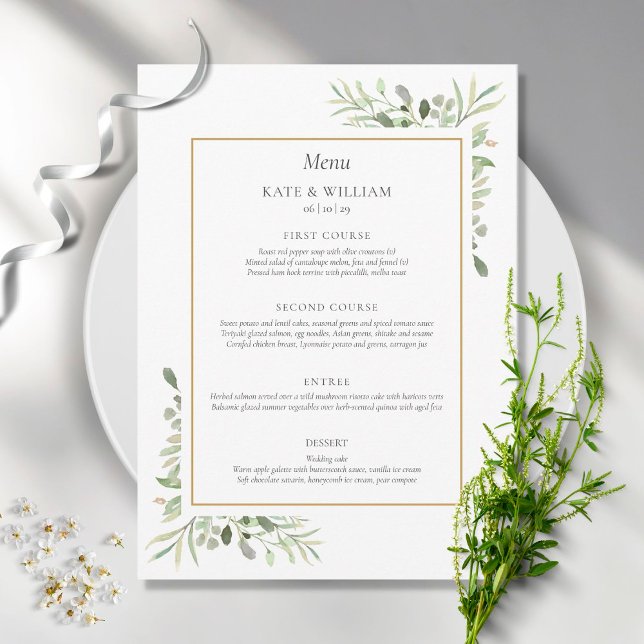 Menú de cena de boda con vegetación en acuarela el (Subido por el creador)