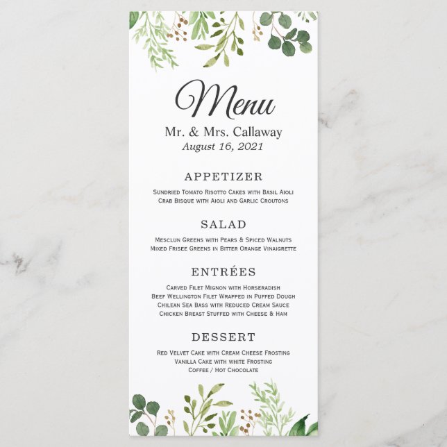Menú de Cena de Boda con Verde de Eucalipto (Anverso)