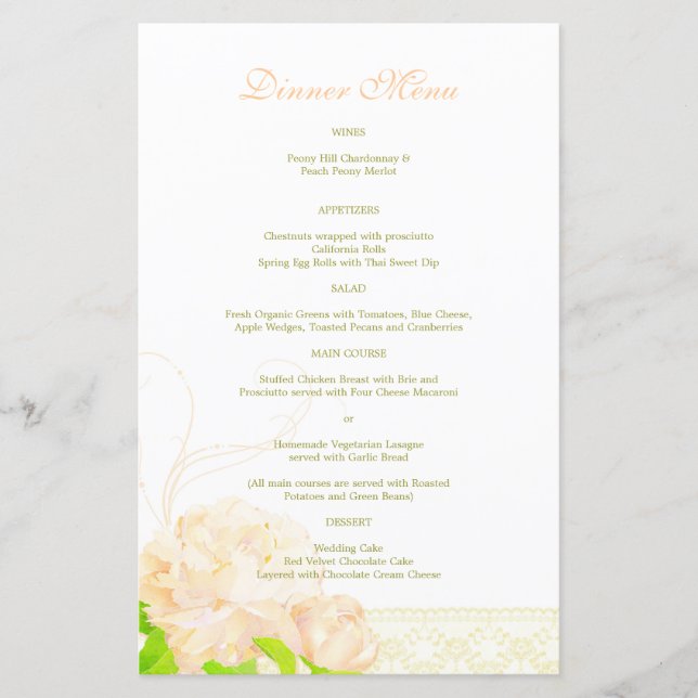 Menú de cena de Boda de Peony Spring Peach (Anverso)