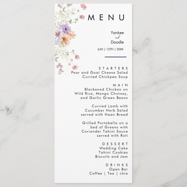Menú de cena de boda de primavera con flores silve (Anverso)