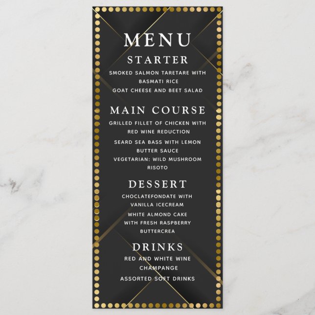 Menú de cena de boda delicado de oro y negro (Anverso)