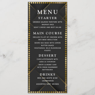Menú de cena de boda delicado de oro y negro