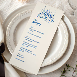 Menú de Cena de Boda Dibujado a Mano Azul Francés
