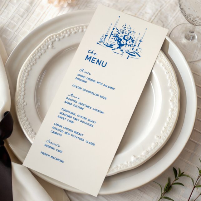 Menú de Cena de Boda Dibujado a Mano Azul Francés  (Subido por el creador)