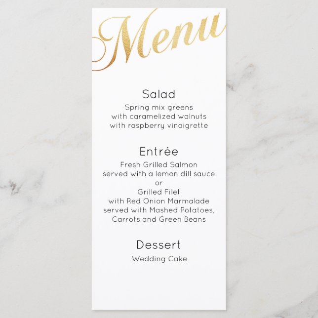 Menú de cena de boda dorado. Decoración de mesa el (Anverso)