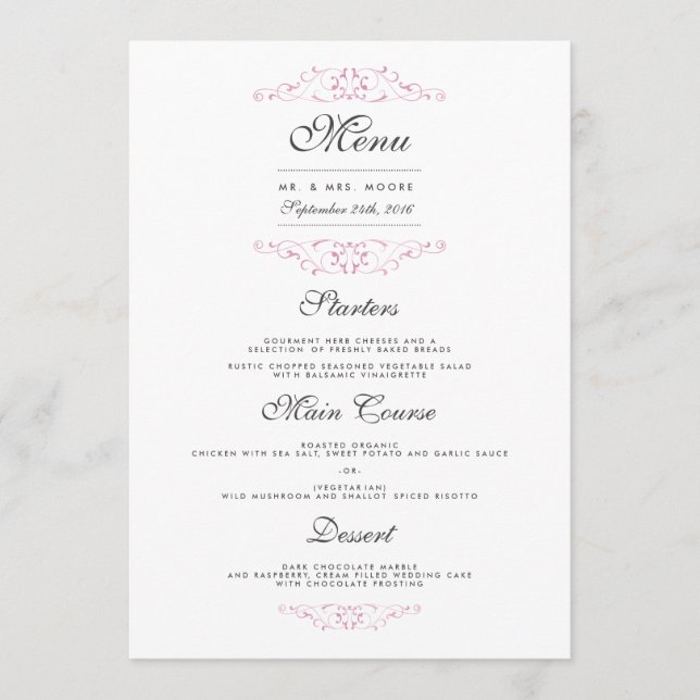 Menú de cena de boda elegante rosa floreado (Anverso)