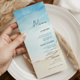 Menú de cena de boda en la playa con océano de acu