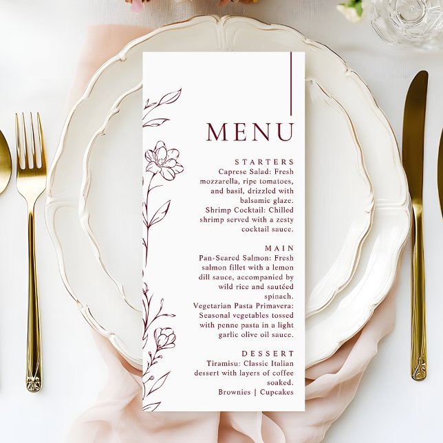 Menú de cena de boda floral borgoña dibujado a man (Subido por el creador)