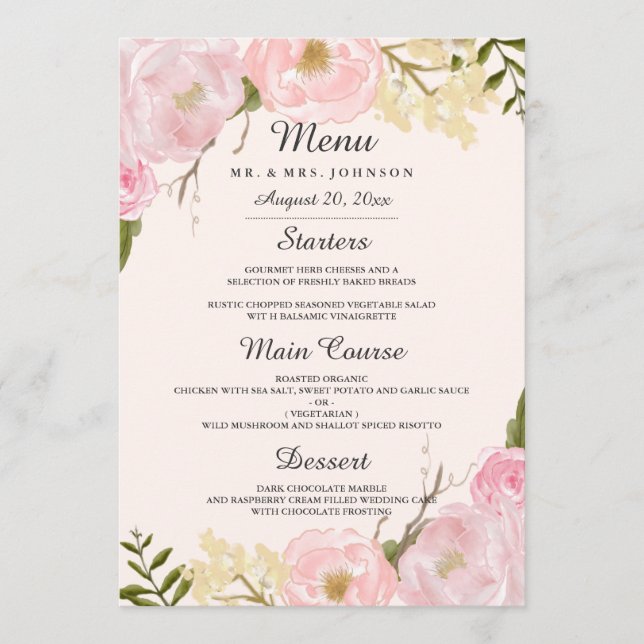 Menú de cena de boda floral botánico rubor rosa (Anverso)