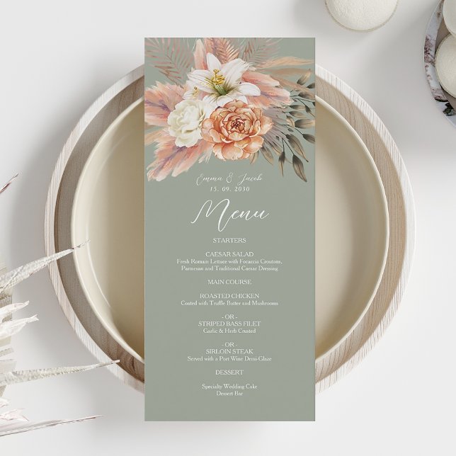 Menú de Cena de Boda Floral Melocotón Verde Salvia (Subido por el creador)
