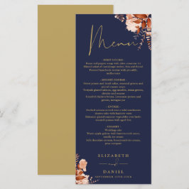 Menú de cena de boda floral rústico azul marino y 