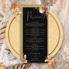 Menú de cena de boda floral rústico negro y dorado