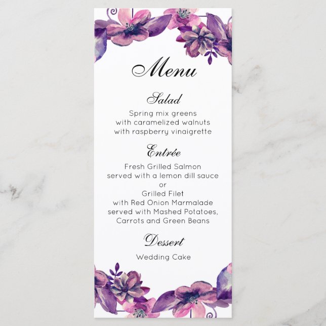 Menú de cena de boda floral Tarjeta de menú de flo (Anverso)
