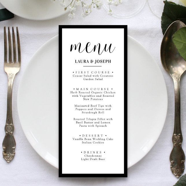 Menú de Cena de Boda Minimalista Personalizado (Personalized minimalist dinner menu presents your dishes beautifully while elevating wedding tables)