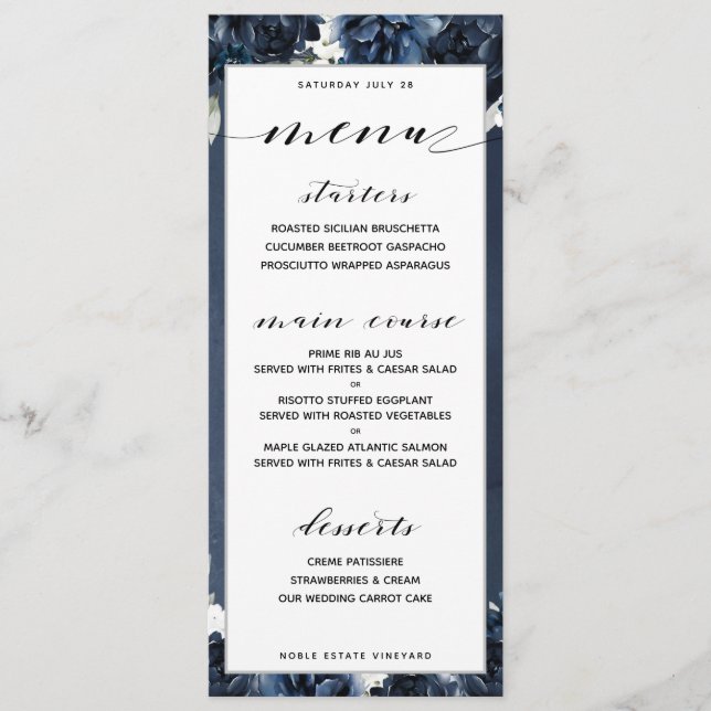 Menú de cena de Boda Navy Peony (Anverso)