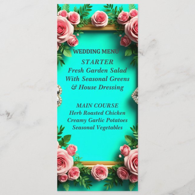 Menú de cena de boda romántica con rosa turquesa � (Anverso)