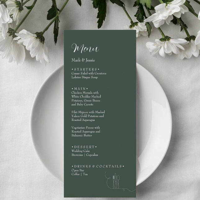 Menú de cena de boda simple verde oscuro y blanco  (Subido por el creador)