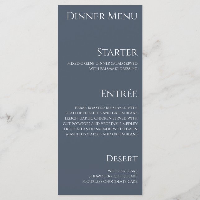Menú de Cena de Boda y Bar - Azul y Blanco- (Anverso)