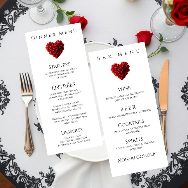 Menú de Cena de Boda y Bar - Rosas Rojas en Forma  (Wedding Dinner and Bar Menu-Heart Shaped Red Roses Menu)