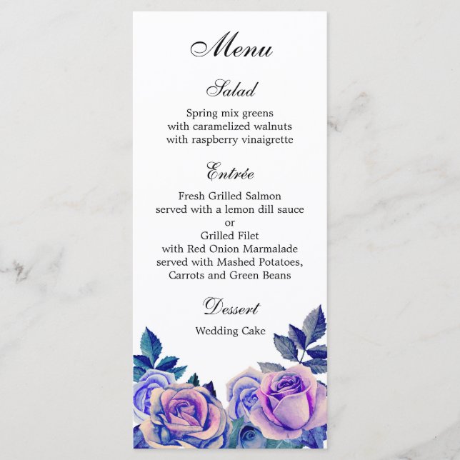 Menú de cena de bodas con rosas púrpuras Menú flor (Anverso)