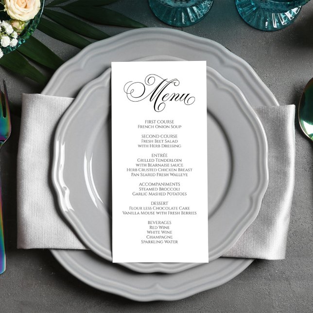 Menú de cena de caligrafía Boda blanco y negro (Elegant calligraphy script wedding reception menu card. )