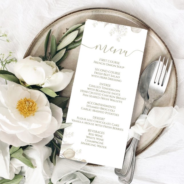 Menú de cena de caligrafía boda Sage Green (Wedding menu card with a sage green floral design.)