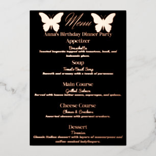 Menú de cena de cumpleaños con tema de mariposa ne