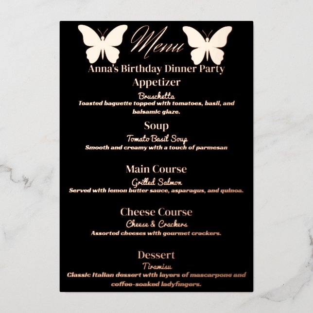 Menú de cena de cumpleaños con tema de mariposa ne (Anverso)