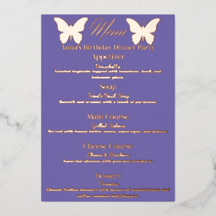 Menú de cena de cumpleaños con tema de mariposa pe