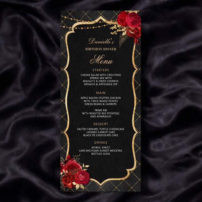 Menú de cena de cumpleaños rojo, negro y dorado (Red Black and Gold Birthday Dinner Menu
)