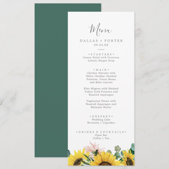 Menú de cena de eucaliptos de girasol rústico Boda (Anverso / Reverso)