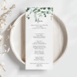 Menú de cena de follaje verde con guión de caligra<br><div class="desc">Esta carta de menú de cena verde con guion caligráfico es perfecta para un boda moderno. El diseño presenta una acuarela de elegantes ramas y hojas de eucaliptos botánicos dibujadas a mano, dispuestas en hermosos ramos y motivos geométricos. Este menú se puede utilizar para la recepción de bodas, la cena...</div>