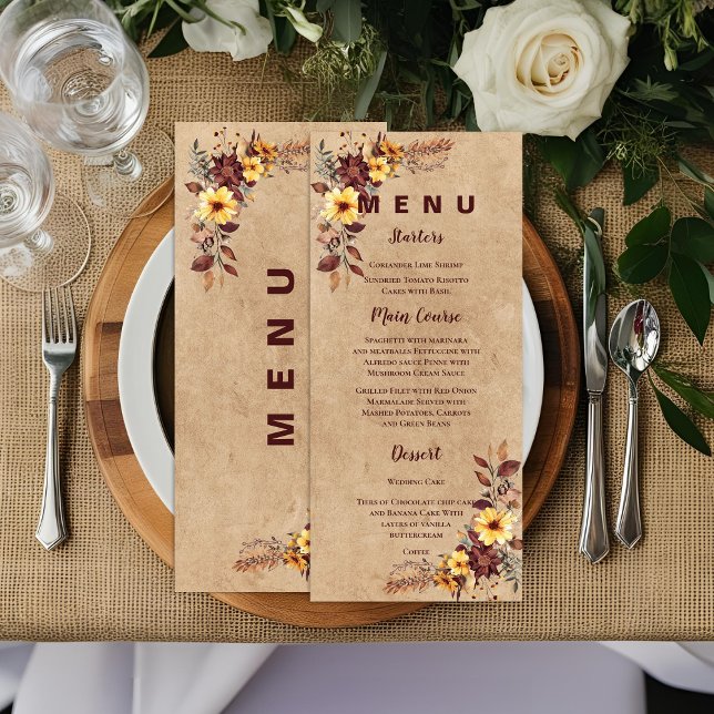 Menú de cena de la recepción de bodas amarillas de (Yellow Burgundy Fall Wedding Reception Dinner Menu)
