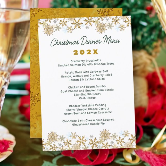 Menú de cena de Navidad con copos de nieve dorados (Subido por el creador)