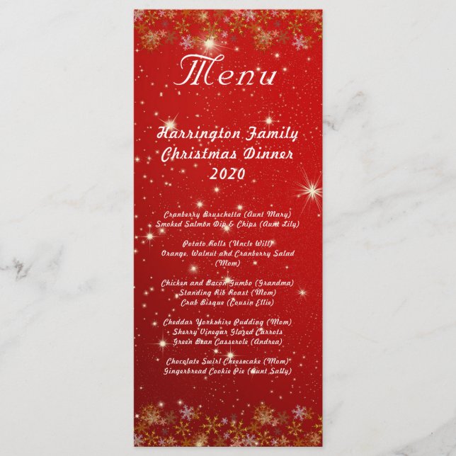 Menú de cena de Navidad en rojo con copos de nieve (Anverso)