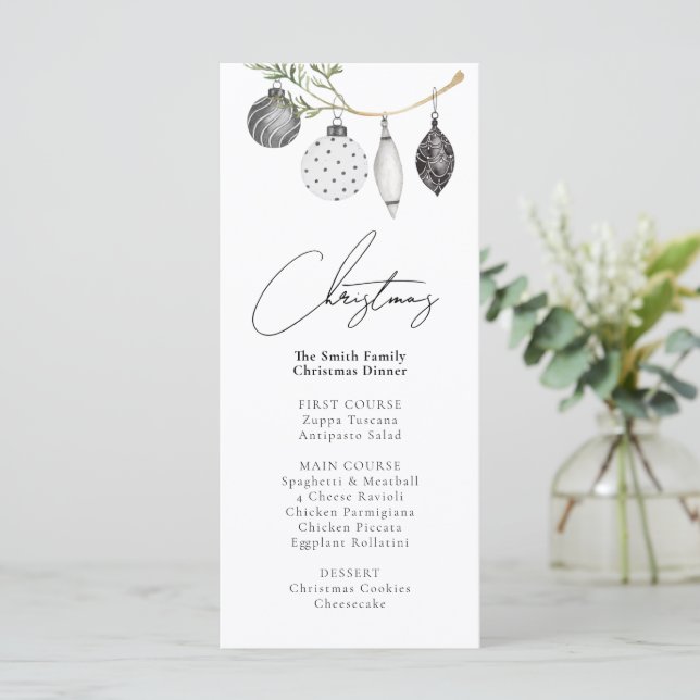 Menú de cena de Navidades de ornamentos blancos y  (Anverso de pie)