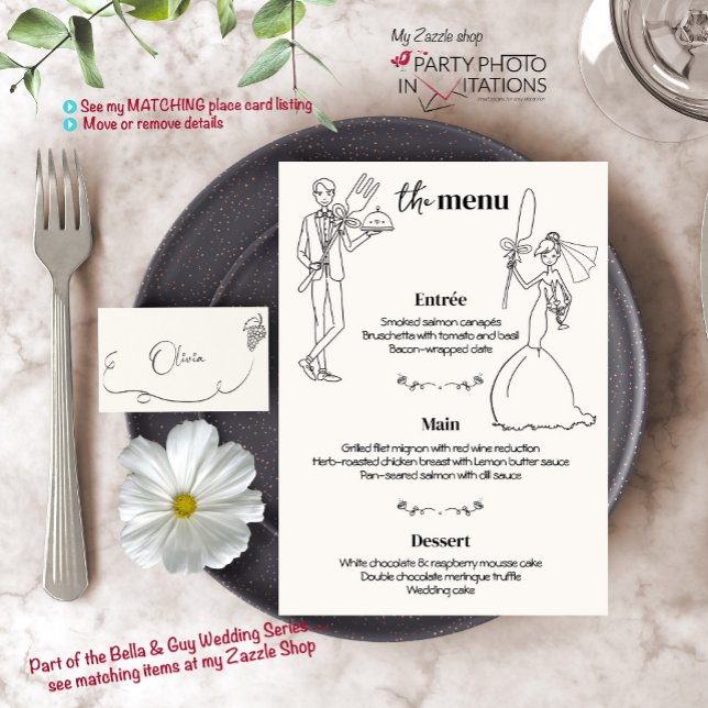 Menú de cena de pareja de Bodas dibujados a mano (Bella & GUY Menu and matching place cards)