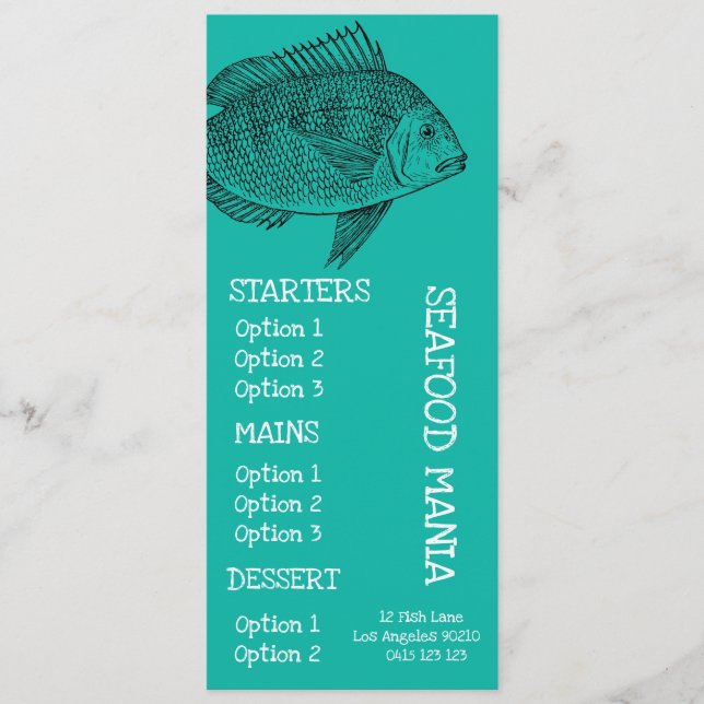 Menú de cena de pescado de restaurante de mariscos (Anverso)