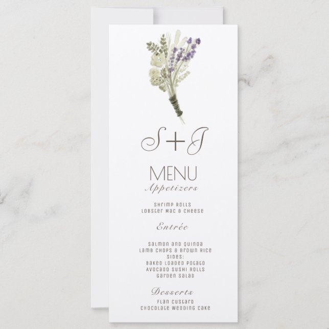 Menú de cena de ramo rústico de lavanda acuarela (Anverso)