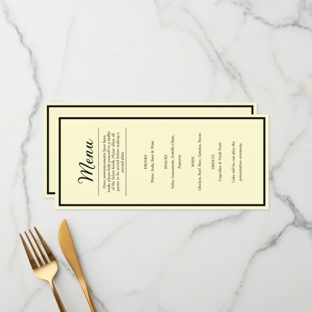 Menú de cena de recepción de boda amarillo mantequ (Anverso/Reverso In Situ)